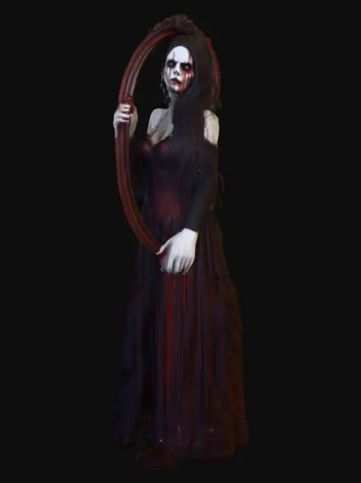 3D model for #Halloween2025#, Ultra detailed realistic depiction of Bloody Mary in the mirror. Ultra high quality textures. Solid infill.