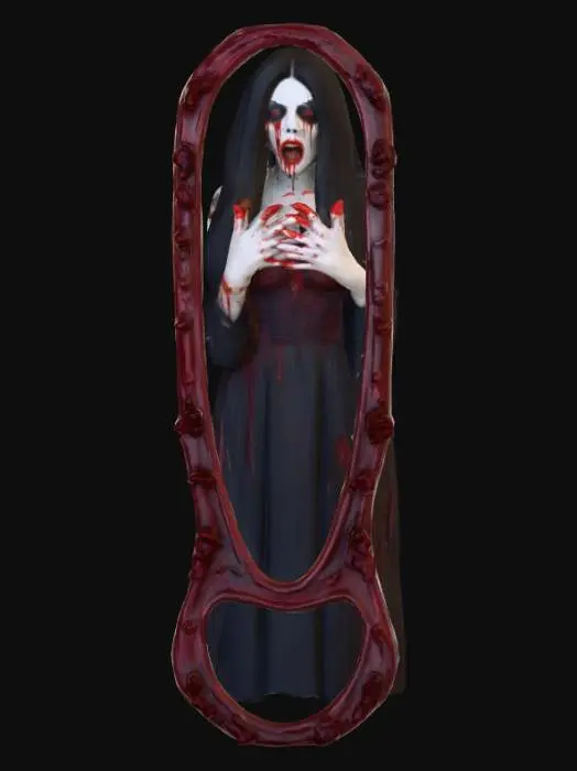 3D model for #Halloween2025#, Ultra detailed realistic depiction of Bloody Mary in the mirror. Ultra high quality textures. Solid infill.