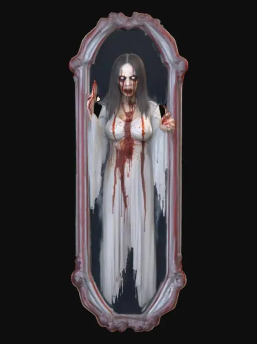 3D model for #Halloween2025#, Ultra detailed realistic depiction of Bloody Mary coming from a mirror. Ultra high quality textures. Solid infill.
