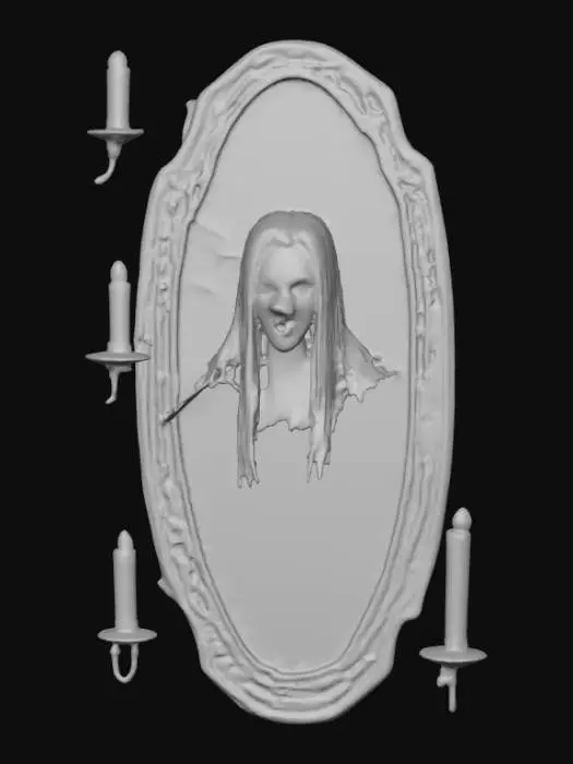 3D model for #Halloween2025#, Ultra detailed realistic depiction of Bloody Mary coming from a mirror. Ultra high quality textures. Solid infill.