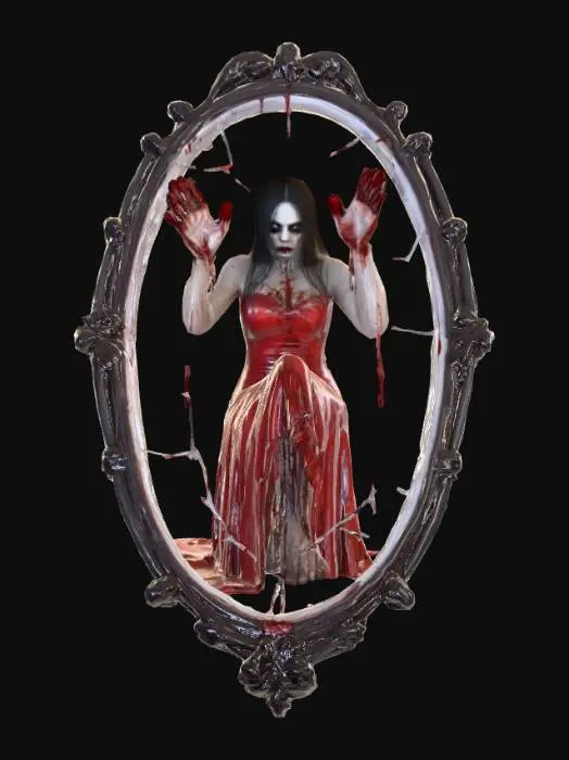 3D model for #Halloween2025#, Ultra detailed realistic depiction of Bloody Mary coming from a mirror. Ultra high quality textures. Solid infill.