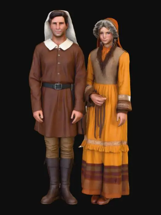 3D model for #Thanksgiving#, Highly realistic persons from the first Thanksgiving. Ultra detailed. Realistic period appropriate clothing. Realistic face, hands, hair. Ultra high quality textures. Solid infill.