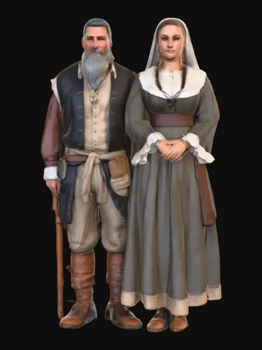 3D model for #Thanksgiving#, Highly realistic persons who would have been present at the first Thanksgiving. Ultra detailed. Realistic period appropriate clothing. Realistic face, hands, hair. Ultra high quality textures. Solid infill.