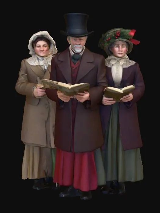 3D model for #Christmas2025#, Ultra realistic, highly detailed Victorian era Christmas carolers. Era appropriate clothing. Detailed faces, hands. Realistic clothing details. Ultra high quality textures. Solid infill.