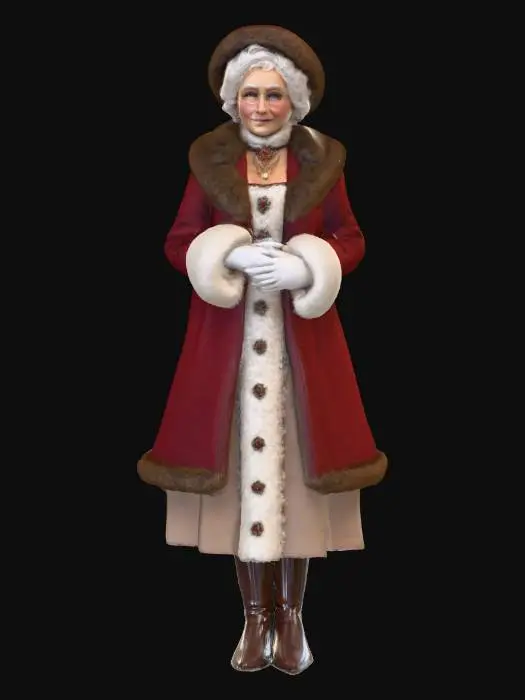 3D model for #Christmas2025#, Highly realistic beautiful Victorian era Mrs. Claus. Era appropriate. Should have a highly detailed face and elegant detailed hands. Ultra high quality detailed textures. Solid infill.