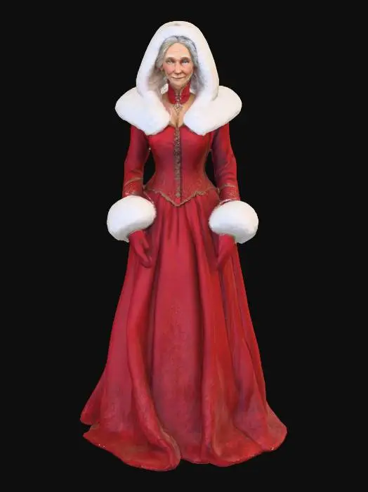 3D model for #Christmas2025#, Highly realistic beautiful Victorian era Mrs. Claus. Era appropriate. Should have a highly detailed face and elegant detailed hands. Ultra high quality detailed textures. Solid infill.