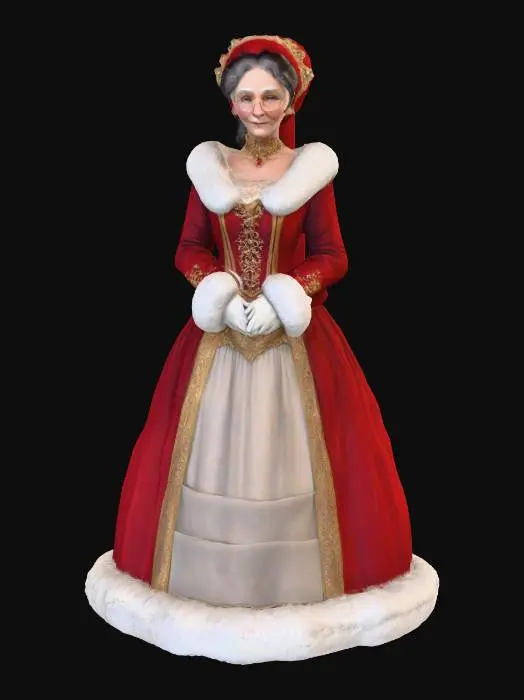 3D model for #Christmas2025#, Highly realistic beautiful Victorian era Mrs. Claus. Era appropriate. Should have a highly detailed face and elegant detailed hands. Ultra high quality detailed textures. Solid infill.