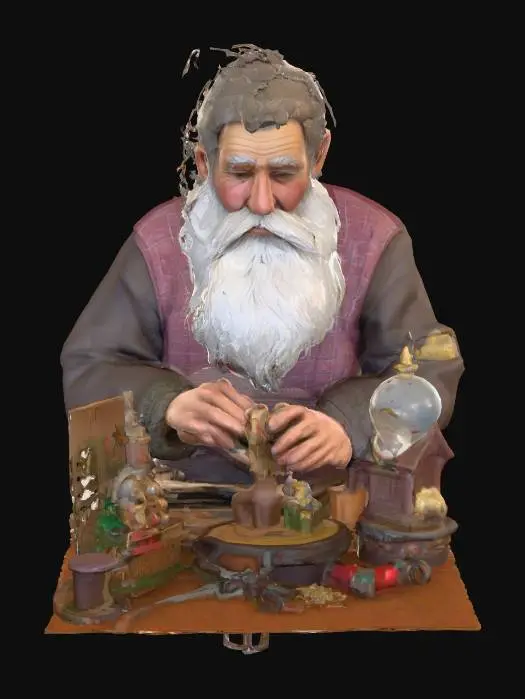 3D model for #Christmas2025#, An old toymaker working on Christmas toys. Ultra highly detailed on all parts. Ultra high quality detailed textures. Solid infill.