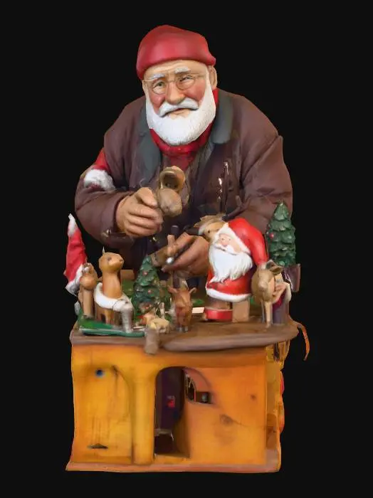 3D model for #Christmas2025#, An old toymaker working on Christmas toys. Ultra highly detailed on all parts. Ultra high quality detailed textures. Solid infill.