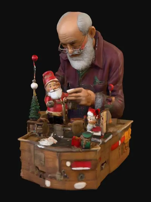 3D model for #Christmas2025#, An old toymaker working on Christmas toys. Ultra highly detailed on all parts. Ultra high quality detailed textures. Solid infill.