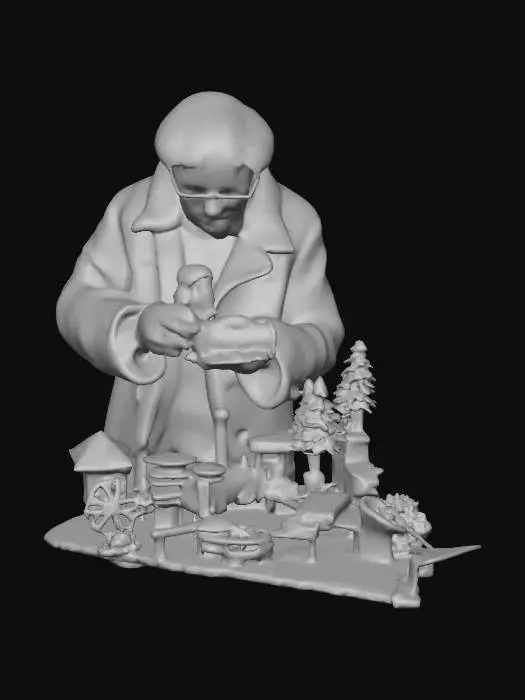 3D model for #Christmas2025#, An old toymaker working on Christmas toys. Ultra highly detailed on all parts. Ultra high quality detailed textures. Solid infill.