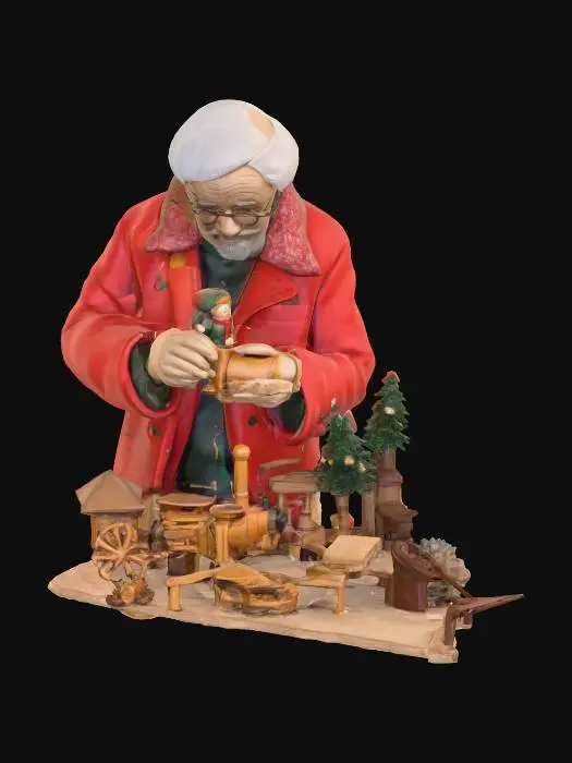 3D model for #Christmas2025#, An old toymaker working on Christmas toys. Ultra highly detailed on all parts. Ultra high quality detailed textures. Solid infill.