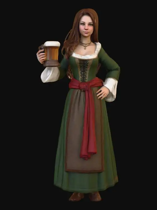 3D model for Highly realistic medieval bar maiden OR barkeep. Highly detailed on all. Period appropriate clothing. Ultra high quality realistic textures on all. Solid infill.