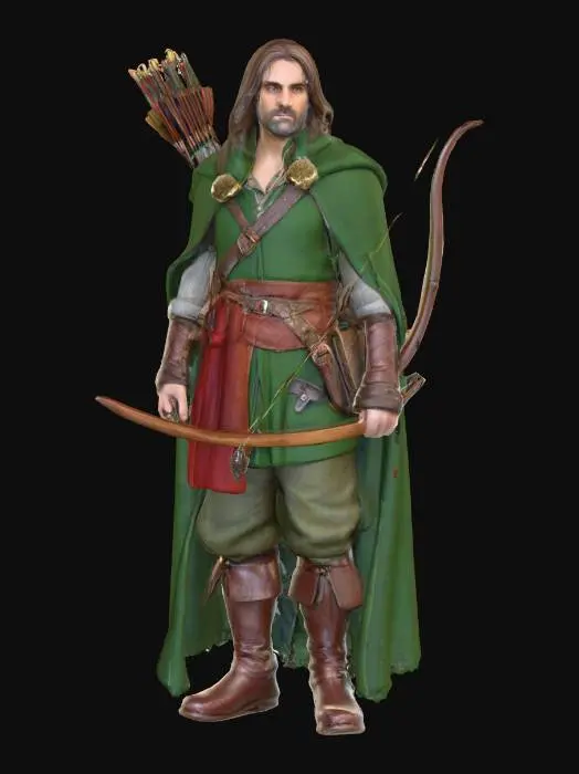 3D model for Highly realistic original fantasy character of Sherwood Forest. Highly detailed on all. Period appropriate clothing. Ultra high quality realistic textures on all. Solid infill.