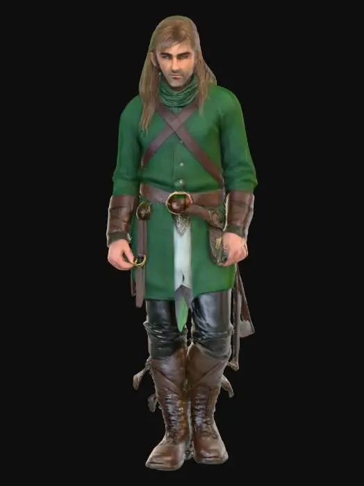 3D model for Highly realistic original fantasy character of Sherwood Forest. Highly detailed on all. Period appropriate clothing. Ultra high quality realistic textures on all. Solid infill.