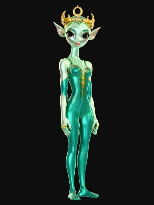 3D model for Highly realistic beautiful alien princess. Her eyes are the color of the moon. Her skin is the color of emerald dotted with gold flecks.  She wears a gown of sapphire color. Her tiara is the shape of a crescent moon. Highly detailed. Ultra high quality textures. Solid infill. Full body.