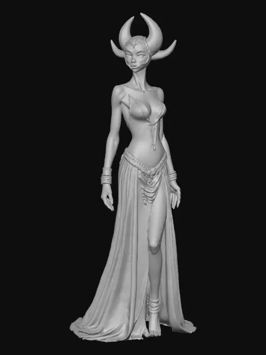 3D model for Highly realistic beautiful alien princess. Her eyes are the color of the moon. Her skin is the color of emerald dotted with gold flecks.  She wears a gown of sapphire color. Her tiara is the shape of a crescent moon. Highly detailed. Ultra high quality textures. Solid infill. Full body.