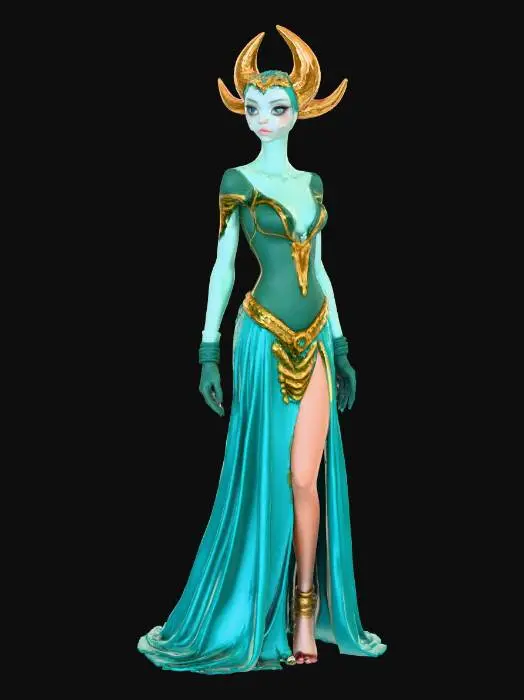 3D model for Highly realistic beautiful alien princess. Her eyes are the color of the moon. Her skin is the color of emerald dotted with gold flecks.  She wears a gown of sapphire color. Her tiara is the shape of a crescent moon. Highly detailed. Ultra high quality textures. Solid infill. Full body.