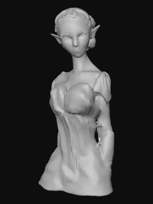 3D model for Highly realistic beautiful alien princess. Her eyes are the color of the moon. Her skin is the color of emerald dotted with gold flecks.  She wears a gown of sapphire color. Her tiara is the shape of a crescent moon. Highly detailed. Ultra high quality textures. Solid infill.