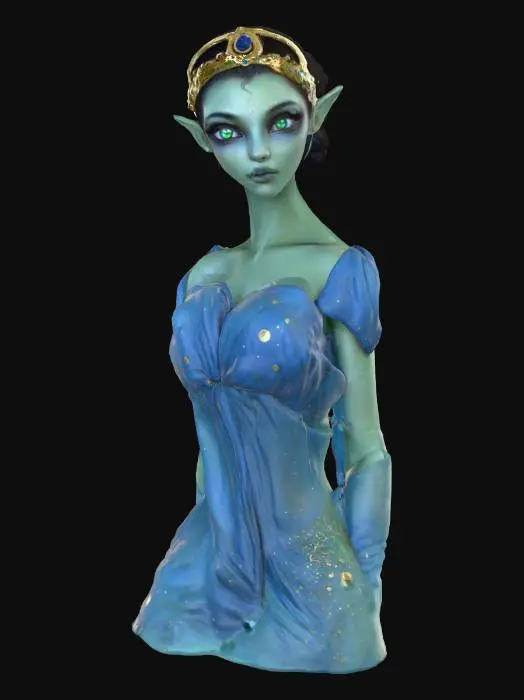 3D model for Highly realistic beautiful alien princess. Her eyes are the color of the moon. Her skin is the color of emerald dotted with gold flecks.  She wears a gown of sapphire color. Her tiara is the shape of a crescent moon. Highly detailed. Ultra high quality textures. Solid infill.