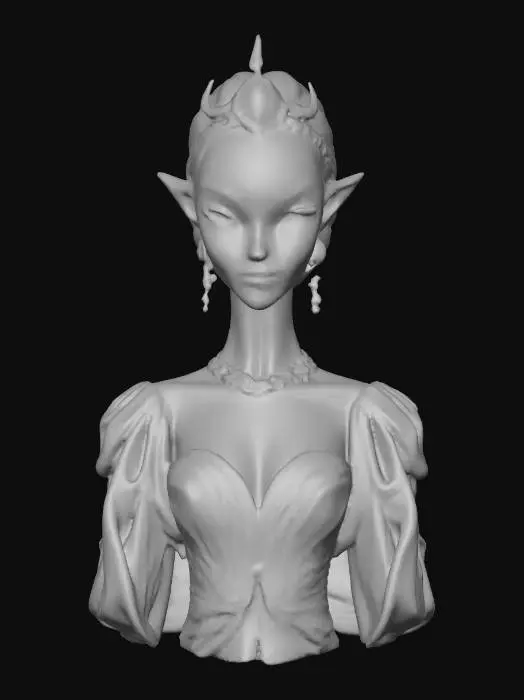3D model for Highly realistic beautiful alien princess. Her eyes are the color of the moon. Her skin is the color of emerald dotted with gold flecks.  She wears a gown of sapphire color. Her tiara is the shape of a crescent moon. Highly detailed. Ultra high quality textures. Solid infill.