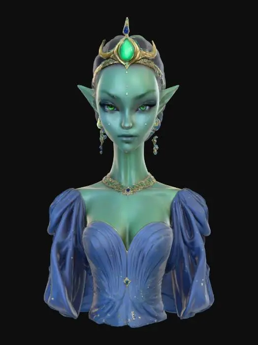 3D model for Highly realistic beautiful alien princess. Her eyes are the color of the moon. Her skin is the color of emerald dotted with gold flecks.  She wears a gown of sapphire color. Her tiara is the shape of a crescent moon. Highly detailed. Ultra high quality textures. Solid infill.