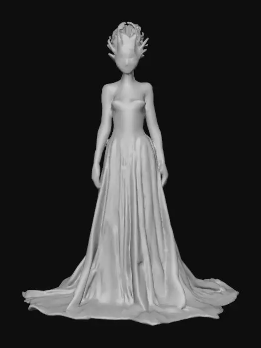 3D model for Highly realistic beautiful alien princess. Her eyes are the color of the moon. Her skin is the color of emerald dotted with gold flecks.  She wears a gown of sapphire color. Her tiara is the shape of a crescent moon. Highly detailed. Ultra high quality textures. Solid infill.