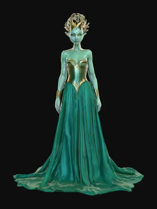 3D model for Highly realistic beautiful alien princess. Her eyes are the color of the moon. Her skin is the color of emerald dotted with gold flecks.  She wears a gown of sapphire color. Her tiara is the shape of a crescent moon. Highly detailed. Ultra high quality textures. Solid infill.