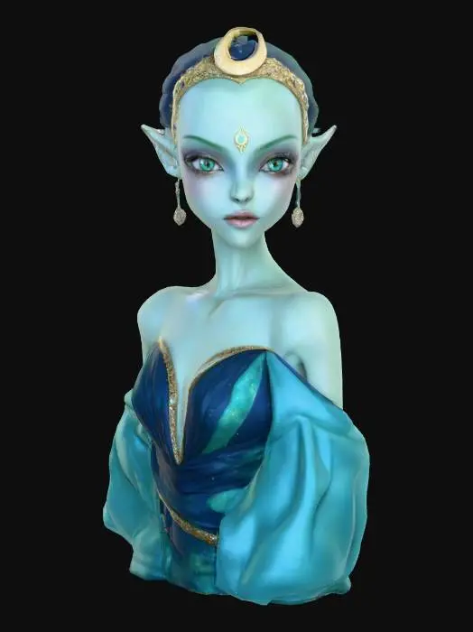 3D model for Highly realistic beautiful alien princess. Her eyes are the color of the moon. Her skin is the color of emerald dotted with gold flecks.  She wears a gown of sapphire color. Her tiara is the shape of a crescent moon. Highly detailed. Ultra high quality textures. Solid infill.