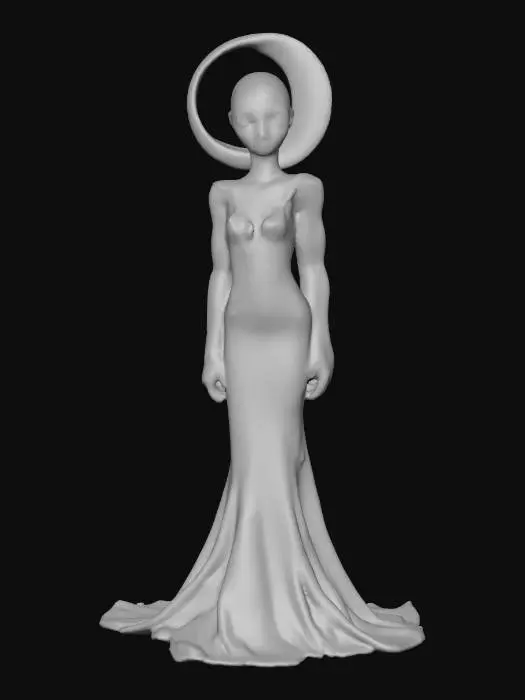 3D model for Highly realistic beautiful alien princess. Her eyes are the color of the moon. Her skin is the color of emerald dotted with gold flecks.  She wears a gown of sapphire color. Her tiara is the shape of a crescent moon. Highly detailed. Ultra high quality textures. Solid infill.