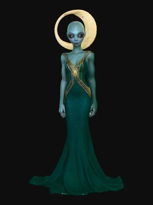 3D model for Highly realistic beautiful alien princess. Her eyes are the color of the moon. Her skin is the color of emerald dotted with gold flecks.  She wears a gown of sapphire color. Her tiara is the shape of a crescent moon. Highly detailed. Ultra high quality textures. Solid infill.
