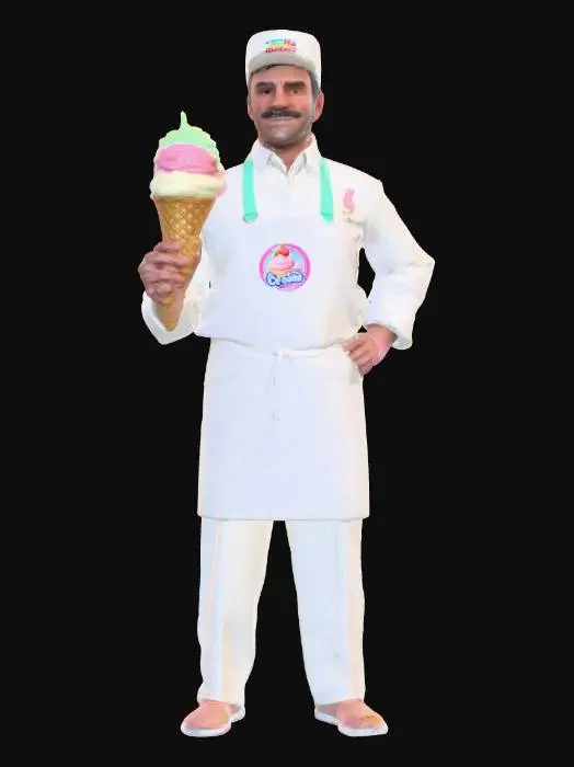 3D model for Photorealistic extremely detailed ice cream man. Highly detailed textures. Realistic clothing textures. Solid infill. Game ready.