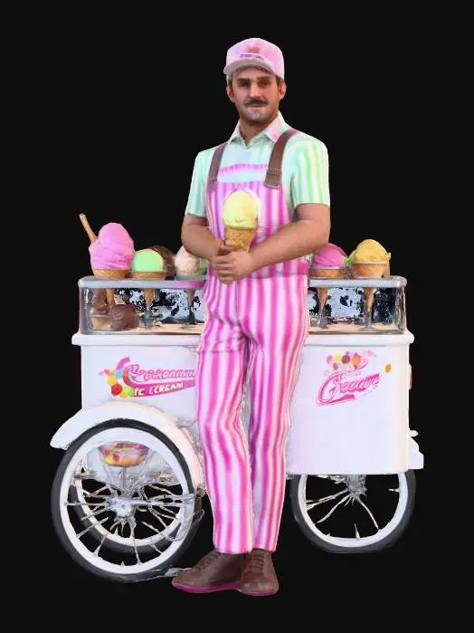 3D model for Photorealistic extremely detailed ice cream man. Highly detailed textures. Realistic clothing textures. Solid infill. Game ready.