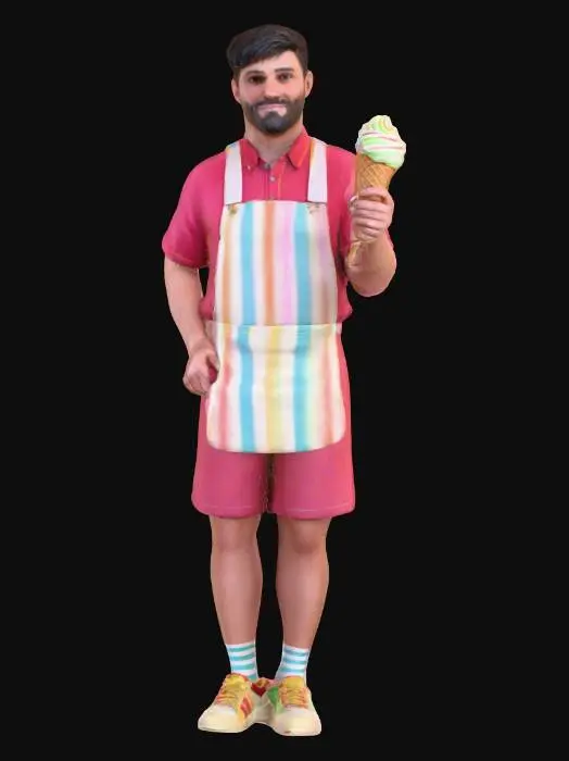 3D model for Photorealistic extremely detailed ice cream man. Highly detailed textures. Realistic clothing textures. Solid infill. Game ready.
