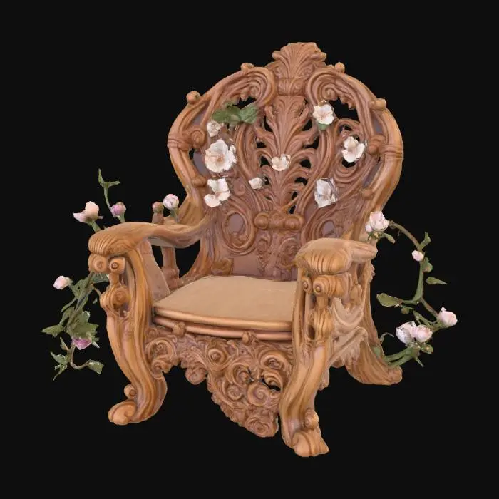 3D model for #PBR#, High quality realistic elf fantasy furniture made of wood. Should have flowers entwined. High detail. Solid infill. High quality realistic textures. 