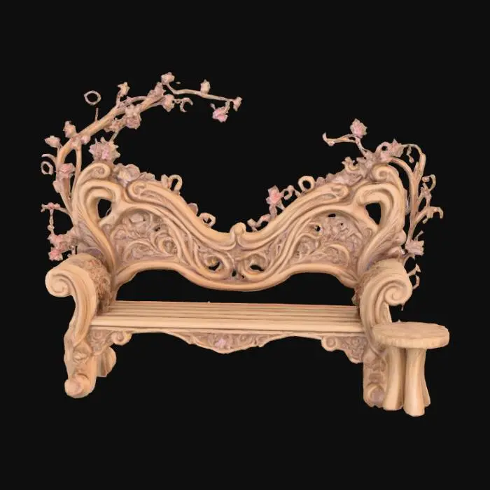 3D model for #PBR#, High quality realistic elf fantasy furniture made of wood. Should have flowers entwined. High detail. Solid infill. High quality realistic textures. 