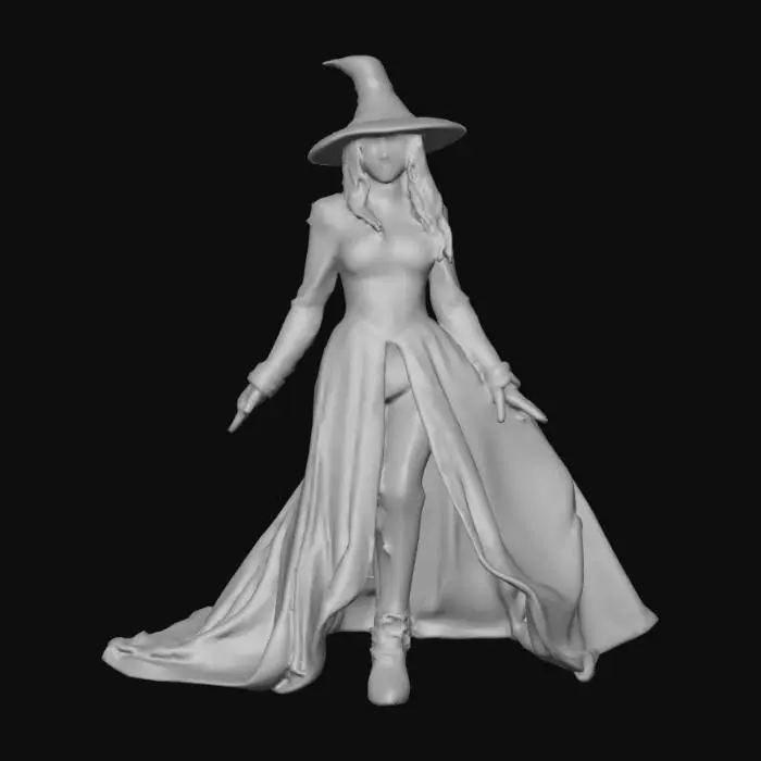 3D model for #Halloween2025#, A witch or sorceress that is afraid of something they have conjured. Should be extremely detailed with a scared look on the face. Photo realistic. Ultra high quality realistic clothing textures.