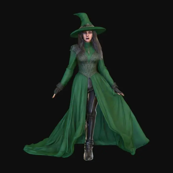 3D model for #Halloween2025#, A witch or sorceress that is afraid of something they have conjured. Should be extremely detailed with a scared look on the face. Photo realistic. Ultra high quality realistic clothing textures.