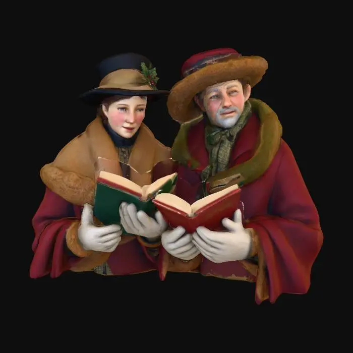 3D model for #Christmas2025#, Ultra realistic, highly detailed Victorian era Christmas carolers. Era appropriate clothing. Highly Detailed faces, hands and fingers.  Realistic clothing details. Ultra high quality textures. Solid infill.