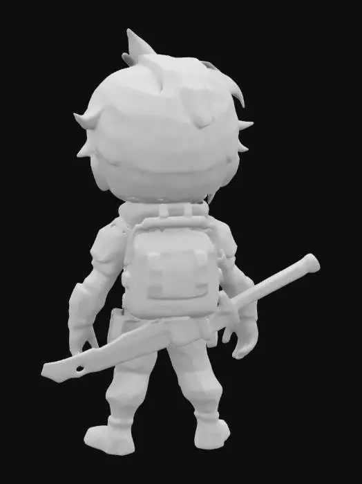 3D model for A cyberpunk themed ronin, male. Wearing a tactical suit with a casual backpack. Equipped with a one handed sheathed kanata. Chibi style, cyberpunk, fantasy, A pose.