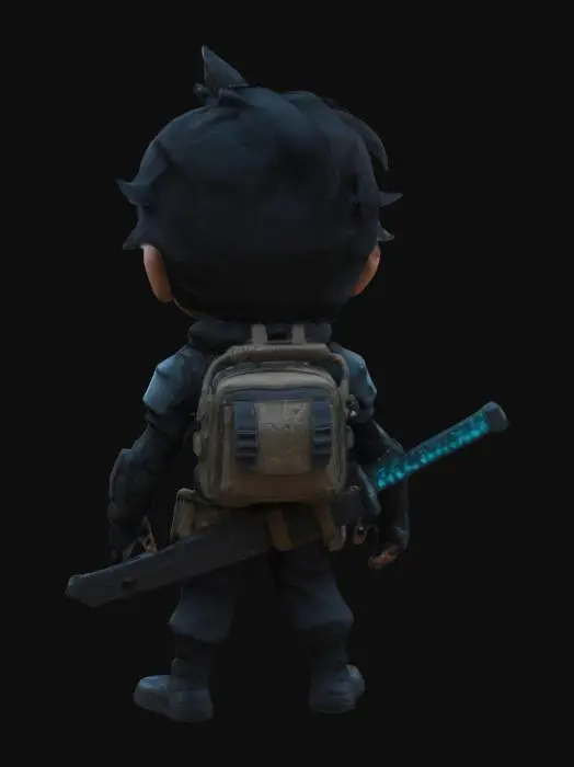 3D model for A cyberpunk themed ronin, male. Wearing a tactical suit with a casual backpack. Equipped with a one handed sheathed kanata. Chibi style, cyberpunk, fantasy, A pose.