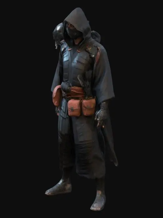 3D model for Ronin, Male, Full-body, Cyberpunk, Sci-Fi, Fabric, Leather, Tactical Kimono, Hoddie, Mask, Backpack, Rough, Advancements, NO SWORD, Cartoon, A-pose.