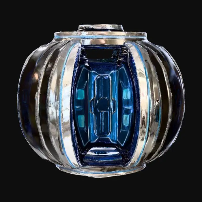 3D model for A sleek, cylindrical sci-fi teleporter capsule crafted from polished, reflective chrome and dark, translucent acrylic panels. Its surface gleams with a smooth, cool touch, featuring subtle hexagonal indentations that glow with an ethereal blue light. The capsule stands vertically, tapering slightly at the top, and incorporates brushed metal accents and visible energy conduits running along its sides, suggesting advanced, high-tech engineering.