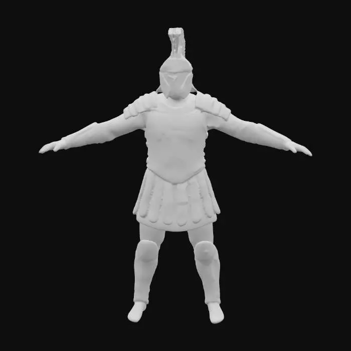 3D model for The object is a shiny, futuristic metallic Roman-style armor set, with neon accents featuring a breastplate with ornate mechanical highly advanced engravings upon cybernetic style fittings and lines, segmented shoulder guards with mechanical highly advanced engravings upon cybernetic style fittings and lines, and a mechanical highly advanced skirt with mechanical highly advanced engravings upon cybernetic style fittings and patterned embellishments, complete with matching greaves and gauntlets and a helmet that is mechanical highly advanced and engraved upon cybernetic style fittings and lines adorned with a red neon plume.