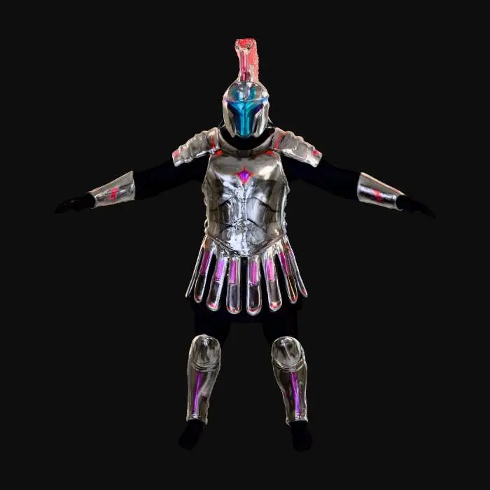 3D model for The object is a shiny, futuristic metallic Roman-style armor set, with neon accents featuring a breastplate with ornate mechanical highly advanced engravings upon cybernetic style fittings and lines, segmented shoulder guards with mechanical highly advanced engravings upon cybernetic style fittings and lines, and a mechanical highly advanced skirt with mechanical highly advanced engravings upon cybernetic style fittings and patterned embellishments, complete with matching greaves and gauntlets and a helmet that is mechanical highly advanced and engraved upon cybernetic style fittings and lines adorned with a red neon plume.