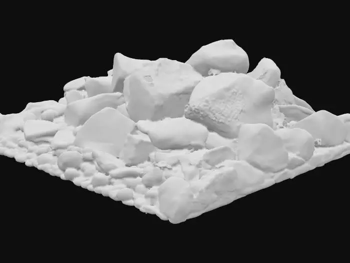 3D model for A collection of various game-ready rock models, featuring irregular, angular shapes ranging from small pebbles to medium-sized boulders. Their material is a rough, unpolished stone, displaying a granular texture with visible erosion, cracks, and mossy patches in crevices. Colors vary from earthy greys and browns to subtle hints of dark green. Each rock feels solid and weighty, designed to blend naturally into a game environment, appearing robust and naturally occurring.