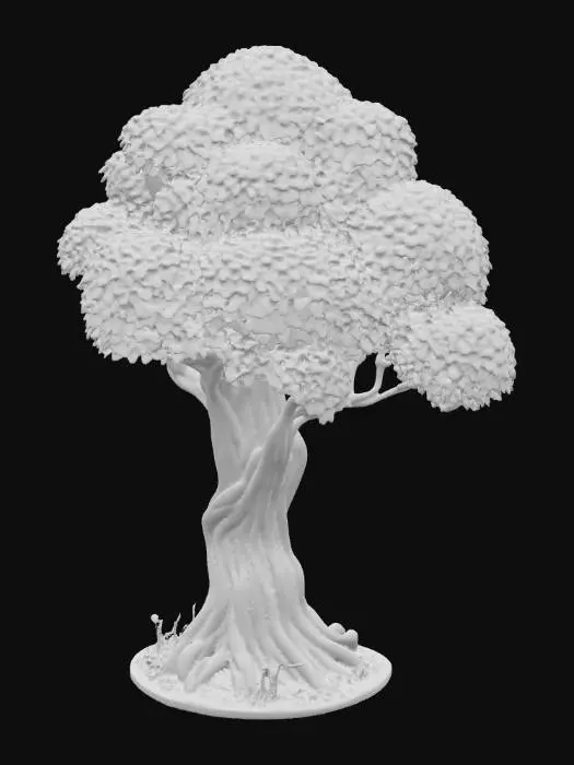 3D model for A sturdy, stylized oak tree featuring a thick, gnarled brown trunk with visible, deep bark textures, suggesting age and resilience. Its numerous branches extend outwards, adorned with a dense canopy of lush, vibrant green leaves that exhibit a soft, almost fabric-like texture. The overall shape is broad and imposing, designed to appear robust and grounded, with colors that are slightly saturated for visual impact in a game environment.
