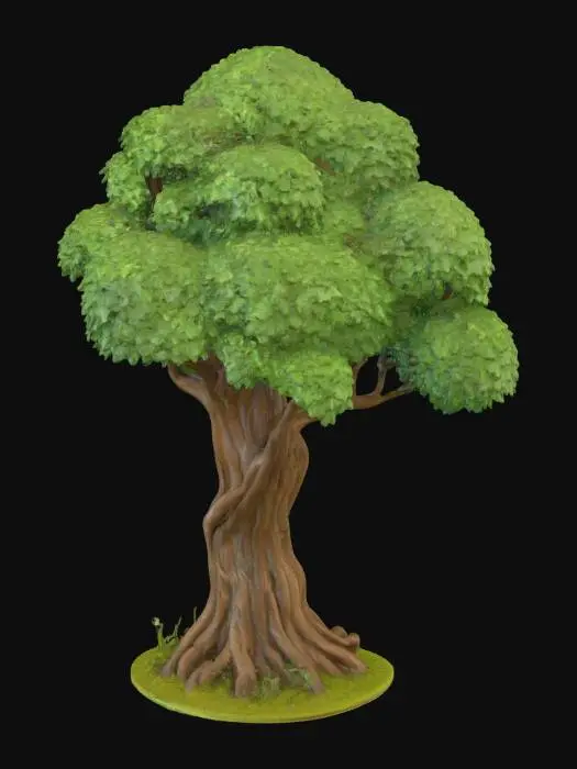 3D model for A sturdy, stylized oak tree featuring a thick, gnarled brown trunk with visible, deep bark textures, suggesting age and resilience. Its numerous branches extend outwards, adorned with a dense canopy of lush, vibrant green leaves that exhibit a soft, almost fabric-like texture. The overall shape is broad and imposing, designed to appear robust and grounded, with colors that are slightly saturated for visual impact in a game environment.