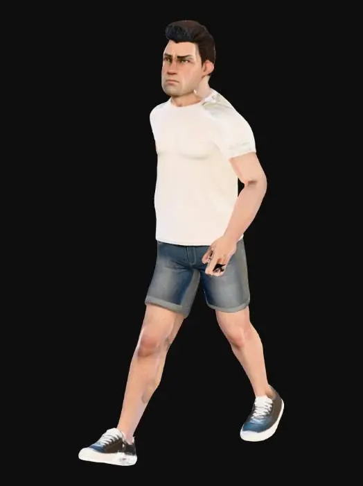 3D model for A game-ready model of an average human character, standing in a neutral pose. The character has a lean, athletic build with realistic human proportions. They are dressed in casual attire, featuring a simple t-shirt and jeans, with visible fabric textures showing subtle folds and seams. Skin tones are natural and muted, with smooth textures. The overall shape is optimized for performance, maintaining a balanced silhouette suitable for a diverse game environment.