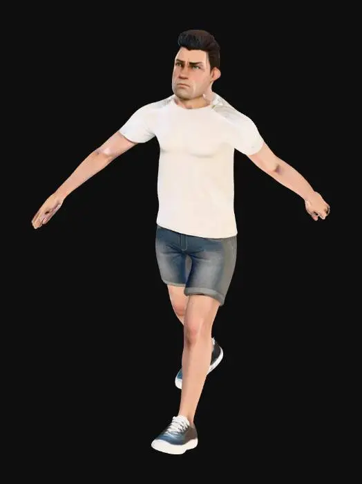 3D model for A game-ready model of an average human character, standing in a neutral pose. The character has a lean, athletic build with realistic human proportions. They are dressed in casual attire, featuring a simple t-shirt and jeans, with visible fabric textures showing subtle folds and seams. Skin tones are natural and muted, with smooth textures. The overall shape is optimized for performance, maintaining a balanced silhouette suitable for a diverse game environment.